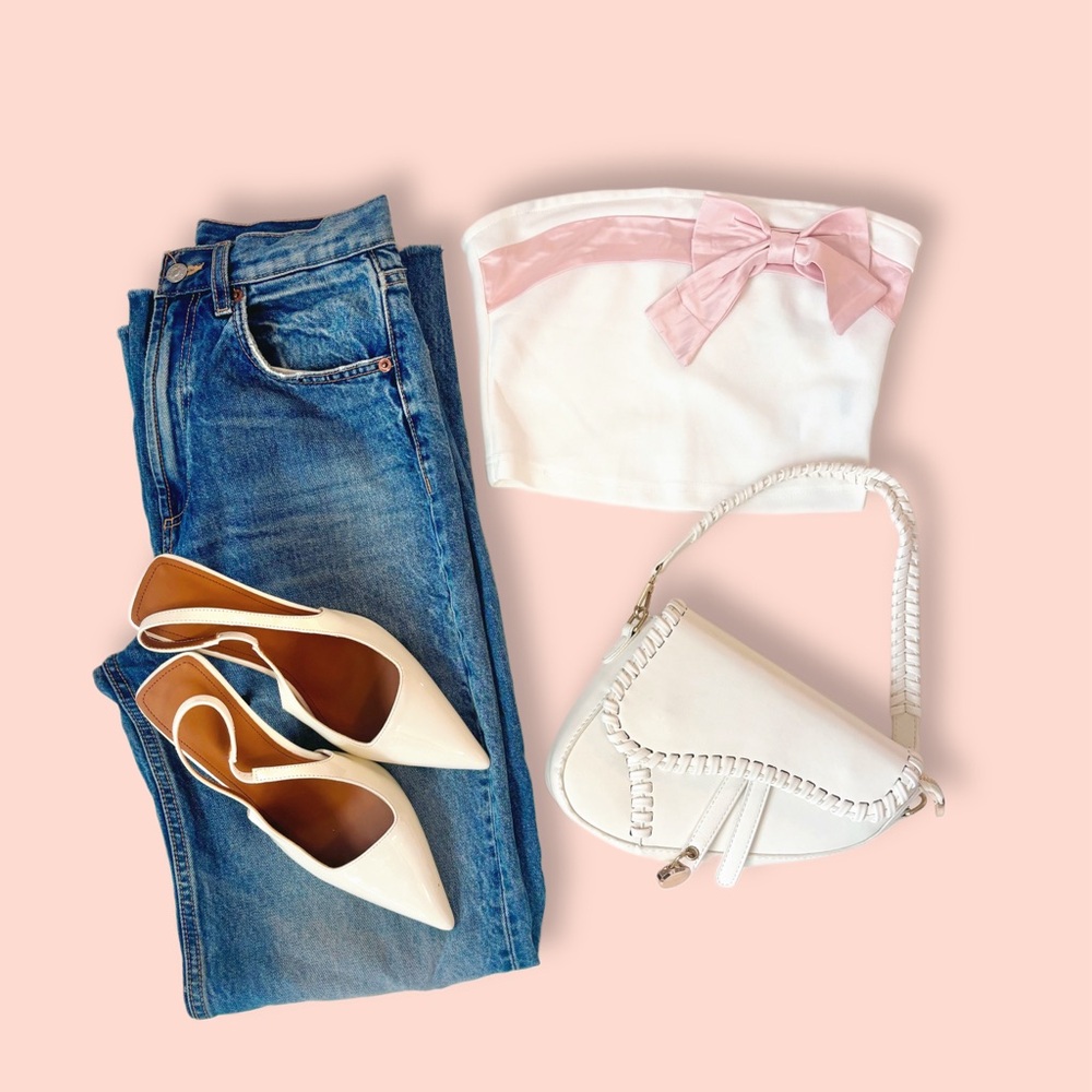 White Strapless Crop Top with Pink Bow